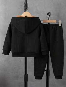 SHEIN Explorewe 2pcs/Set Young Boy Casual Solid Color Long Sleeve Comfortable Thermal Lined Hooded Jacket And Pants Set, Suitable For Casual Daily Wear And Outdoor Activities In Autumn/Winter - Black - View 2