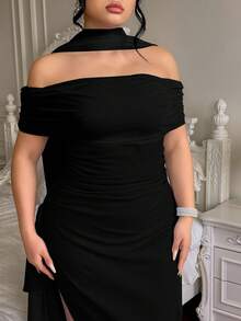 Roveilla Plus Size Women's New Elegant Flowy Off Shoulder Split Fitted Romantic Party Backless Dress, Suitable For Party And Daily Wear