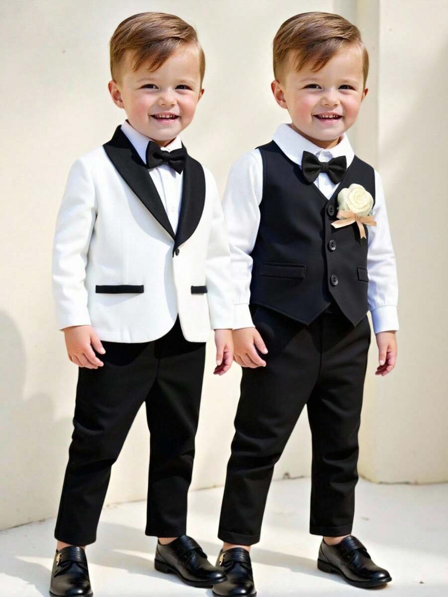 3pcs Baby Boy Gentleman Outfit Set: Colorblock Black & White Suit Jacket, Shirt, And Elastic Waist Pants - Multicolor - View 1