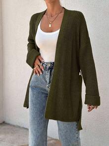 EURMUSE Women Oversize Asymmetric Shaped With Belt Detailed Rib Knitted Cardigan - Army Green - View 4