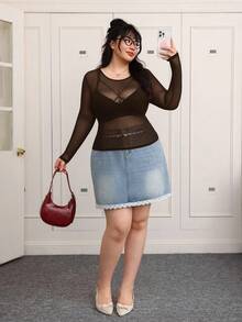 CovetEZ Áo cánh lưới mỏng gợi cảm cho nữ cỡ lớn - Cà phê nâu - Xem 5