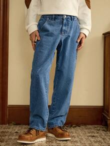 Manfinity Homme Quần jeans denim ống đứng màu xanh dương giặt thường ngày có túi hộp, mùa thu - Màu xanh lam - Xem 5