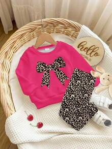 SHEIN Bộ áo nỉ dài tay cổ tròn dệt kim dày thường ngày cho bé gái, họa tiết nơ da báo cổ điển, màu hồng - Nhiều màu - Xem 4