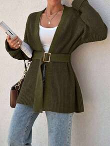 EURMUSE Women Oversize Asymmetric Shaped With Belt Detailed Rib Knitted Cardigan - Army Green - View 3