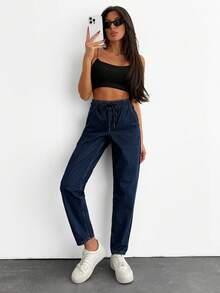 EURMUSE Solid Color Casual Drawstring Elastic Waist Jeans Pants - Dark Wash - View 6