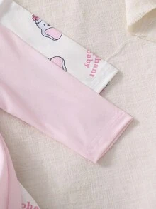 2件套新生儿小象印花长袖连脚连体衣套装，粉色和米色 - 粉色 - 查看 4
