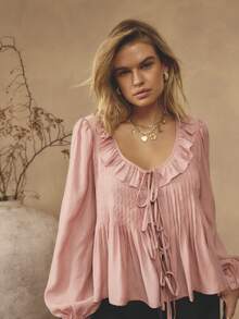 Aralina Women's Romantic Cute Pink Ruffle Tie Front Pin Tuck Pleated Long Sleeve Loose Fit Flowy Vacation Outfits Women Cute Top Elegant Blouse Top For Women New Years Top Party Top - Pink - View 9