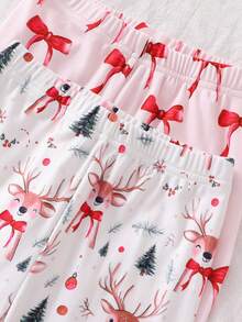 4pcs Girls Christmas Reindeer & Bow Print Long Sleeve Pajama Set, Snug Fit Sleepwear - Multicolor - View 5