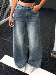 Livesso 女式水钻装饰直筒休闲牛仔裤，宽松版型，适合派对、婚礼、休闲装、春秋季 - 藍色 - 查看 9