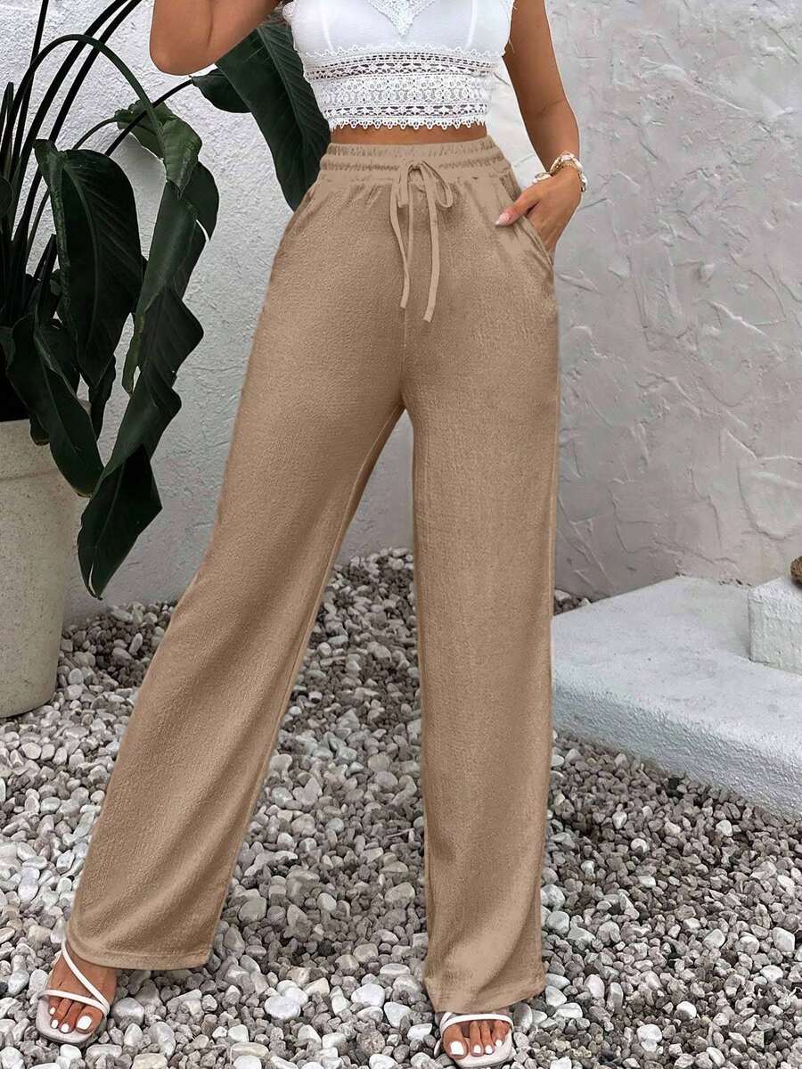 EURMUSE Pantalones holgados de lino de cintura alta de mujer en verano de unicolor beige con cordón en la cintura - Beis - Ver 1