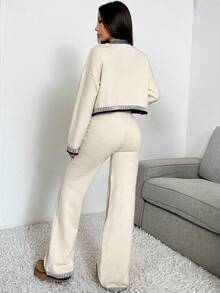 EURMUSE Women's Casual Contrast Trim Cardigan And Knit Pants 2 Pieces Set, Autumn/Winter - White - View 2