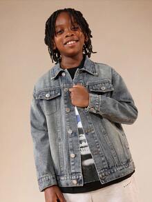 SUMWON Boys Vintage Washed Medium Blue Denim Jacket Classic Button Front Trucker Style - Medium Wash - View 4