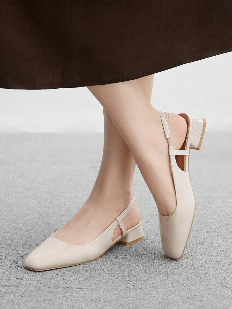 CUCCOO BIZCHIC Women's Round Toe Low Block Heel Beige All-Match Comfortable Commute Versatile Work & Casual Slingback Flats Spring Shoes