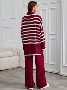 SHEIN Tall Bộ 2 món áo len cổ cao tay cánh dơi kẻ sọc và quần màu trơn cho nữ cao ráo - Nhiều màu - Xem 2