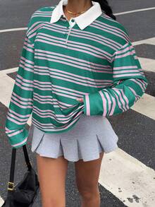 Muchica Plus Size Striped Lapel Loose Sweatshirt In Fall/Winter - Green - View 6