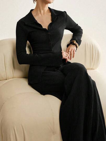  Lymera 女士黑色两件套飘逸套装，优雅休闲与工作皆宜，纯色前扣长袖商务休闲复古优雅上衣和裤子两件套，适合夏秋冬季节，可用于派对、外出、新年、圣诞节、感恩节、工作、办公室通勤等场合。