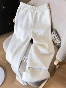 Resyla Casual Horse Embroidery Thermal Lined Elastic Waist Drawstring Loose Pants, Women, Autumn/Winter - White - View 2