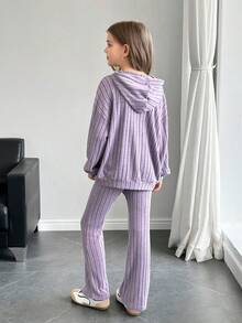 SHEIN Bộ áo nỉ có mũ trùm đầu dệt kim và quần ống loe thường ngày cho bé gái tuổi mới lớn, trang phục mùa đông - Màu tím - Xem 2