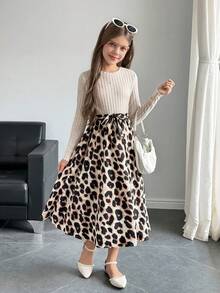 Firerie Kids Falda acampanada con bloqueo de color, ribete acanalado y estampado de leopardo vintage con lazo en la cintura, adecuada para niñas preadolescentes, elegante y casual, ideal para uso diario casual y escolar en primavera/otoño, a juego para mamá e hija, hermanas - Caqui - Ver 3