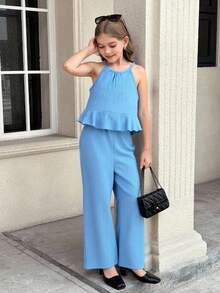 SHEIN Conjunto de 2 piezas con top halter con dobladillo con volantes y pantalones en unicolor para niña preadolescente - Azul - View 8