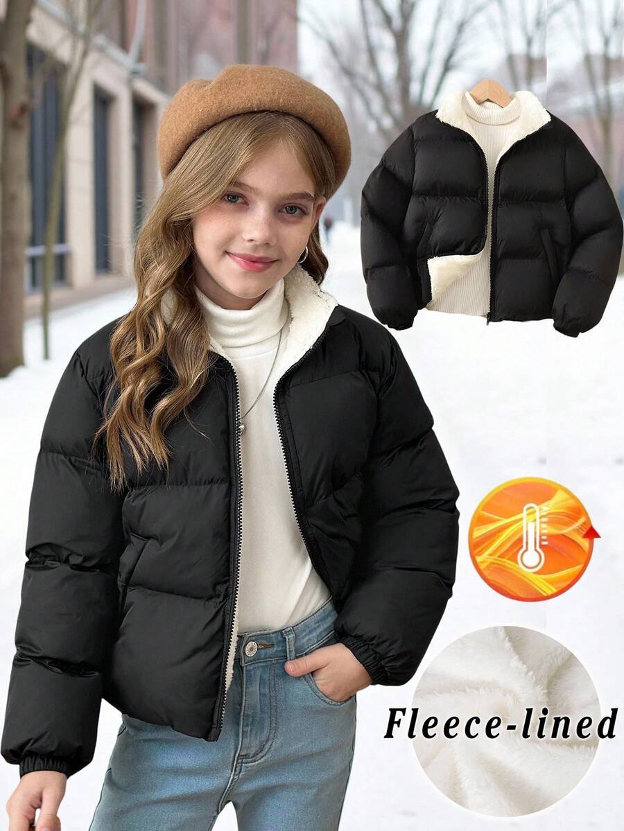 SHEIN 少女简约舒适时尚宽松短款立领羽绒服,拉链设计,简约时尚休闲,加厚设计,适合秋冬季节穿着。 - 黑色 - 查看 1