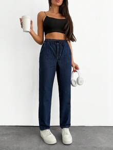 EURMUSE Solid Color Casual Drawstring Elastic Waist Jeans Pants - Dark Wash - View 4