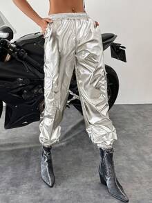 EURMUSE Solid Flap Pocket Side Elastic Waist Pants - Silver - View 5