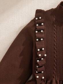 SHEIN Girls Knitted Long Sleeve Dress,Round Neck Patchwork Ruffle Beaded Fashion Style,Autumn Party Korean Version Flounce Princess Sweater Skirt Set,Brown - Camel - View 3
