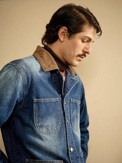 RivetRise Autumn Casual Washed Blue Fitted Loose Corduroy Contrast Collar Denim Jacket