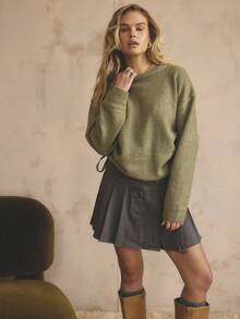 Aralina 秋冬休闲绿色侧边抽绳圆领针织长袖舒适宽松度假毛衣上衣，圣诞节毛衣，圣诞节 - 軍綠色 - 查看 8