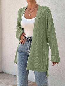 EURMUSE Women Oversize Asymmetric Shaped With Belt Detailed Rib Knitted Cardigan - Green - View 4
