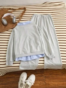 2 件套 Tween GirlsCalifornia 图案印花条纹纯色 Polo 领长袖运动衫和裤子，时尚运动休闲装，春秋季 - 灰色 - 查看 2