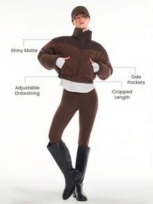GLOWMODE Chic In Warmth Chill Crush Shiny Matte Finish Wind-Resistant Neckline Cuffs Zipper Pockets Cropped Puffer Jacket Autumn Winter Outdoors Snow Ski Daily Casual Wear - Chocolate Brown - View 2