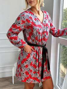 EURMUSE Women Contrast Colour Bow Pattern Homewear Basic Robe - Black - View 3