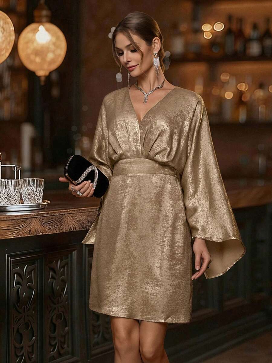 EMERY ROSE 1 peça vestido curto feminino elegante casual festa/deslocamento tecido metálico folha cintura apertada manga assimétrica decote em v para roupas de festa de fim de ano novo