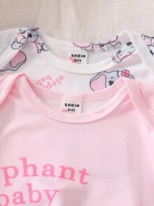 2件套新生儿小象印花长袖连脚连体衣套装，粉色和米色 - 粉色 - 查看 3