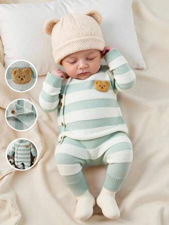 SHEIN Vintaside Kids 1pc Newborn Knitted Romper, Striped Bear Design, Cute Indoor/Outdoor Wear, Spring/Autumn/Winter