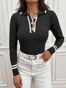 EURMUSE Striped Trim Polo Neck Ribbed Knit Sweater - Black - View 7