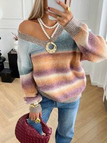 Livesso Suéter holgado y casual de mujer con efecto tie-dye, bloques de color y patchwork de punto, para otoño/invierno