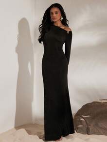 Opulessa Vacation Solid Color Knit Fitted Long Sleeve Asymmetric Collar Mermaid Dress For Women, Halloween Costume, Christmas , New Year, Thanksgiving Outfits, Elegant Party Outfit, Luxury Evening Dresses For Weddings, Fall Winter Clothes, Graduation, Prom Dress