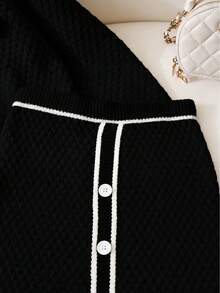 Tween Girl Handmade 3D Bow Long Sleeve Knitted Cardigan And Ruffle Hem Knitted Mini Skirt Set, Autumn/Winter Girls Sweater Sets Girl Black White Clothes Tween Matching Set Knit Girls Black And White Rib Skirt Girl Knit Set - Black - View 3