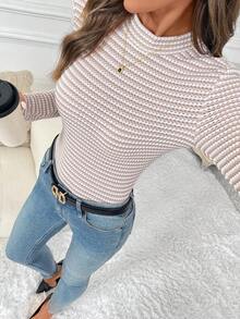 SHEIN Clasi Women's Stand Collar Knit Fitted Elastic Casual Striped Tee, Khaki, Elegant For Daily Wear, Autumn/Winter T-Shirt For Women Knitted Top Basic Top - Khaki - View 5
