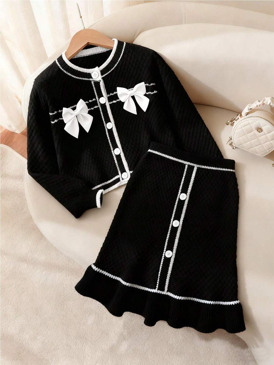 Tween Girl Handmade 3D Bow Long Sleeve Knitted Cardigan And Ruffle Hem Knitted Mini Skirt Set, Autumn/Winter Girls Sweater Sets Girl Black White Clothes Tween Matching Set Knit Girls Black And White Rib Skirt Girl Knit Set - Black - View 1