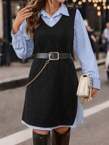 SHEIN Clasi Camisa Listrada Azul e Branca de Manga Longa Feminina, Jaqueta de Colete de Malha com Cinto, Elegante para Uso Diário e Transporte, Conjunto de 2 Peças para Outono/Inverno - Multicolorido - Visão 9