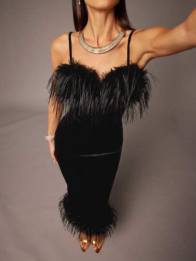 Silquee This Black Velvet Slip Dress With A Feather-Trimmed Sweetheart Neckline Is Perfect For Autumn And Winter. It's Suitable For Valentine's Day, Christmas, Dates, Outings, Nightclub Parties, And Gatherings. An Elegant Party Dress Is Also Suitable For Graduation Parties, Wedding Guests, Dates, Banquets, Parties, And Girls' Nights Out. A Red Dress Is Also Available For Christmas And New Year's.,Dresses For Women Elegant,Black Dress