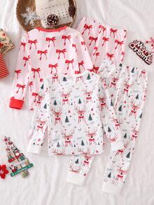 4pcs Girls Christmas Reindeer & Bow Print Long Sleeve Pajama Set, Snug Fit Sleepwear - Multicolor - View 2