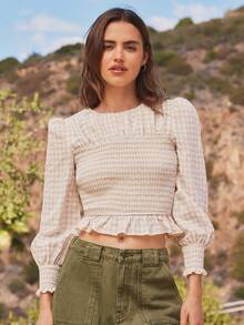 Áo peplum xếp nếp, cổ tròn, tay dài, họa tiết caro, phối vải cotton pha trộn, khoét lưng, xẻ tà, thường ngày, dễ thương, phong cách Boho, mùa thu, mùa đông, hòa nhạc đồng quê, trang phục phương Tây dành cho nữ - Nhiều màu - Xem 5