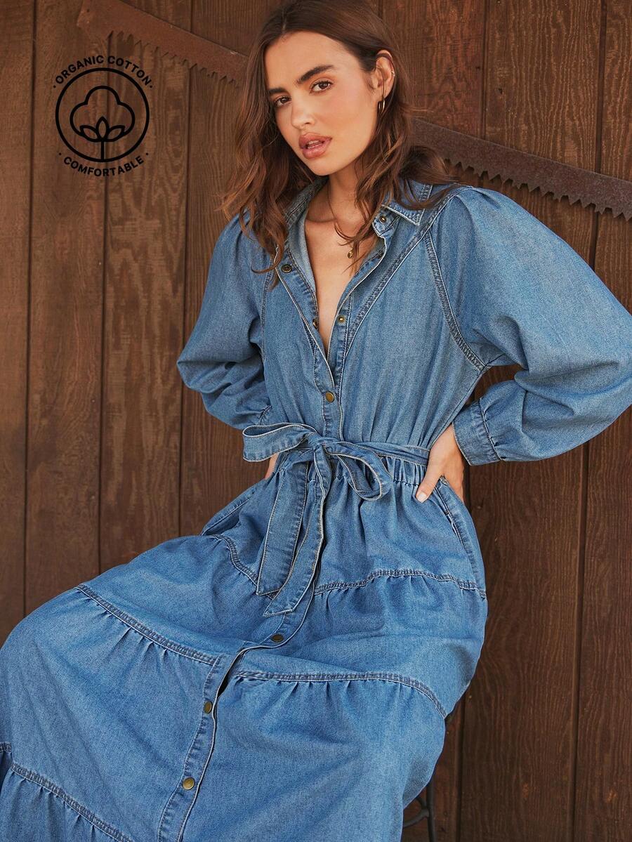 WESTFADE Collared Button Front Bow Tie Belted Waist Long Puff Sleeve Western Seamed Tiered Ruffle Cotton Blend Chambray Denim Midi Dress Fall, Autumn, Winter - Medium Wash - View 1