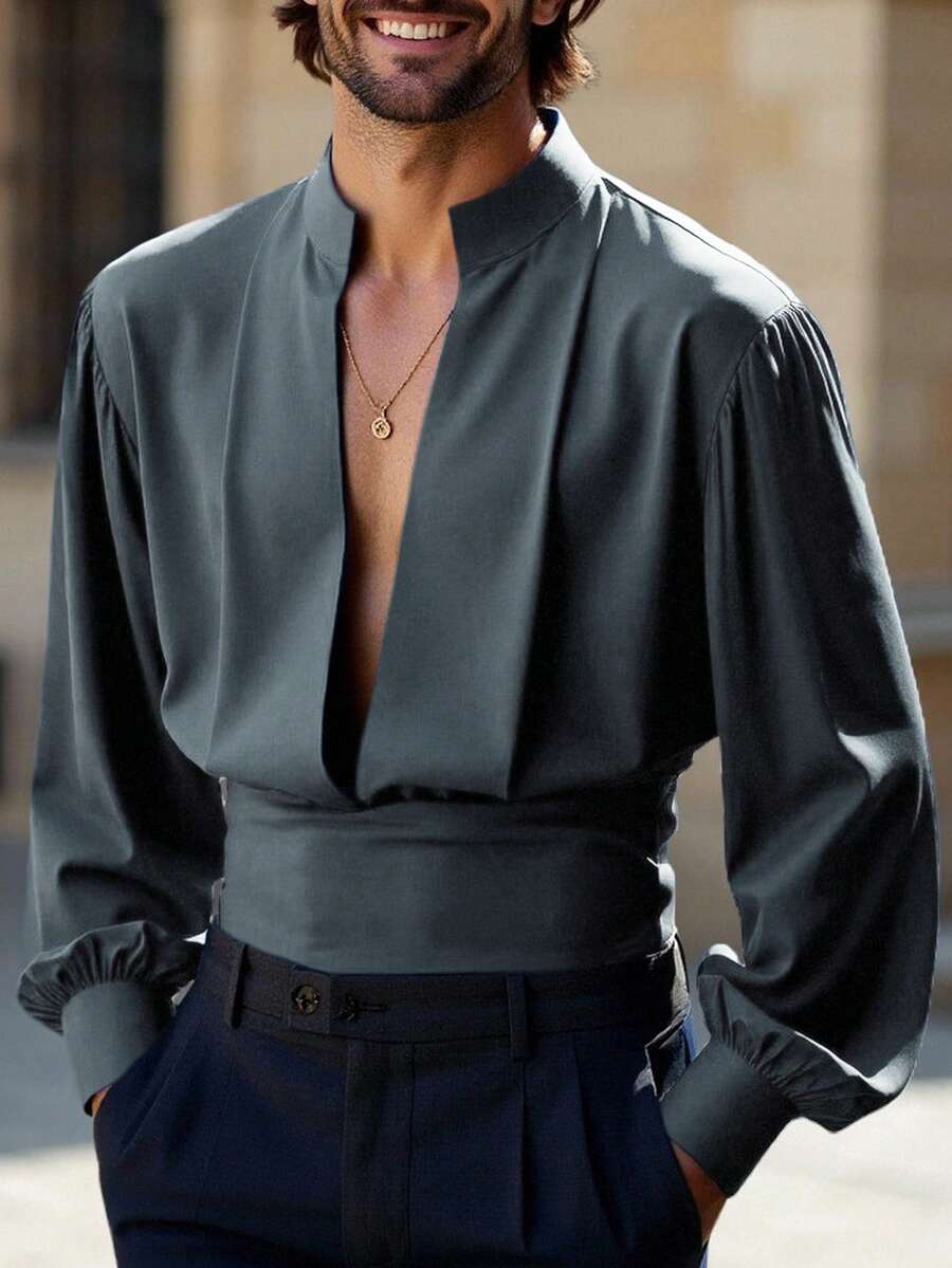 Manfinity AFTRDRK Men Fashionable Solid Color Deep V Neck Shirt, Autumn, Fall Men Long Sleeve Shirt Men Gothic Shirt Men Band Collar Shirt Renaissance Shirt Men Shirt Prom Suit Christmas