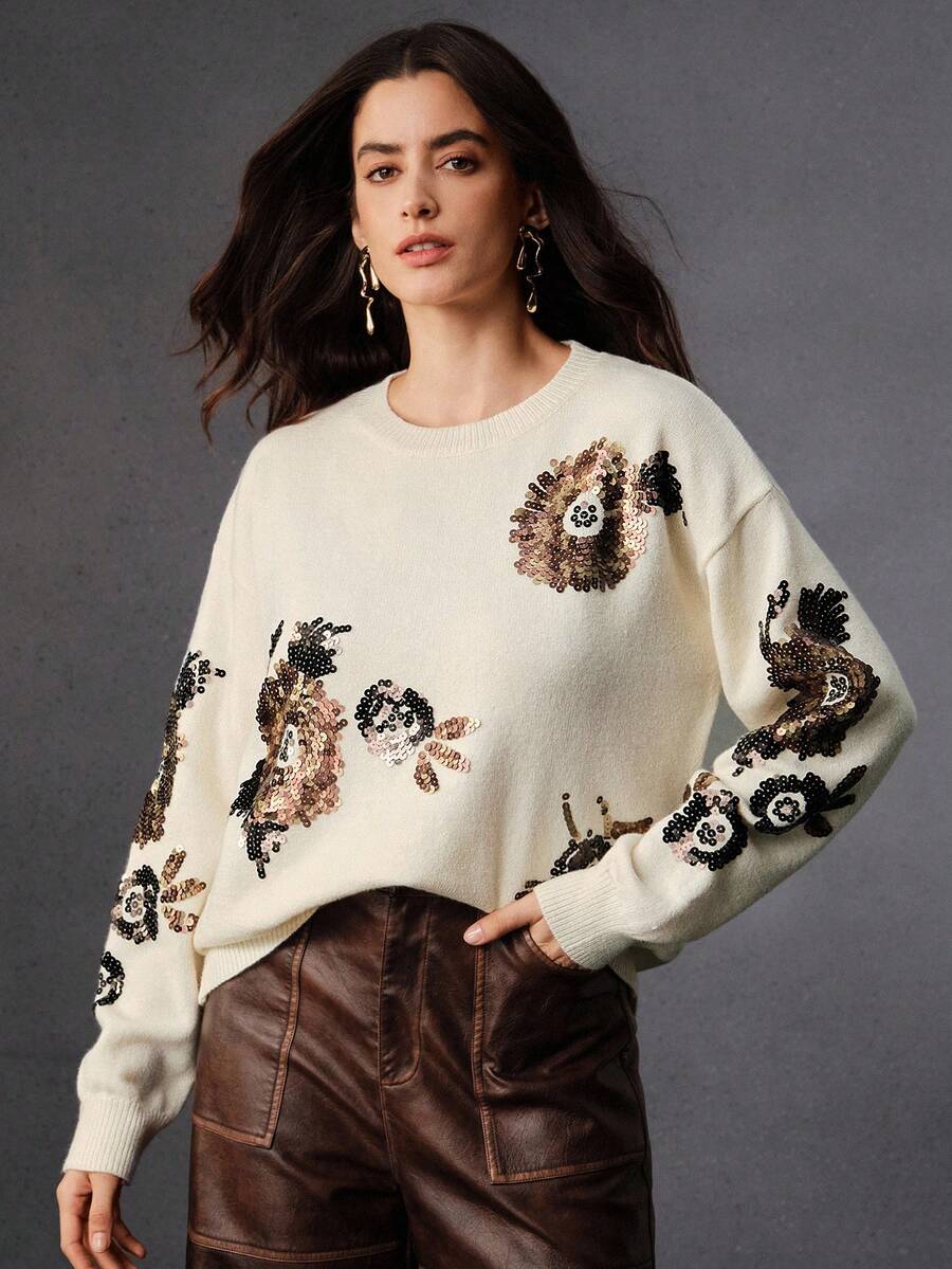 Anewsta Áo len chui đầu cổ tròn thêu hoa 3D cao cấp thời trang dành cho nữ, đa năng cho mùa thu, đông, năm mới, tiệc tùng, đám cưới, thanh lịch, sang trọng, sành điệu - Màu be - Xem 1
